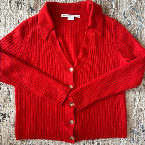 Veronica Beard‎ Lazana Cardigan Womens Size Large Orange Cashmere Preppy Luxury - Picture 3 of 7